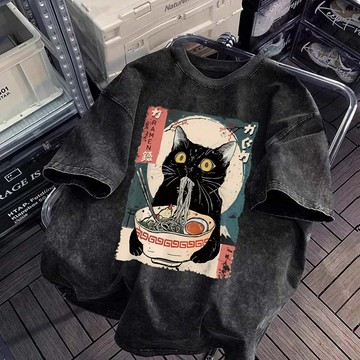 【YY！吃拉麵的黑貓】美式水洗t恤做舊復古上衣 短袖t恤 水洗t 大尺碼女装 Oversize t恤 潮牌t恤 夏天衣服