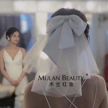 領證頭紗新娘超仙雙層短款緞布蝴蝶結攝影新娘婚紗頭飾拍照道具
