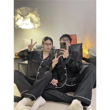 情侶睡衣女春秋季冰絲長袖高級感2024年新款男士絲綢家居服