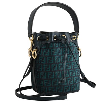 FENDI Mon Tresor 經典FF LOGO緹花短毛呢拼接迷你兩用水桶包(墨綠)