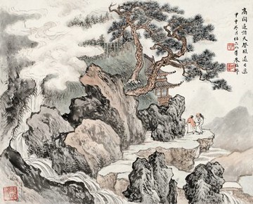 朱梅? 登高圖 40x32厘米 中國畫 復制微噴畫心