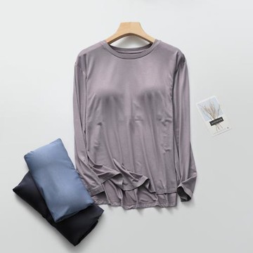 免文胸長袖單件上衣女莫代爾春夏薄日系純色圓領無痕打底衫可外穿