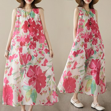 大尺碼洋裝 純色背心夏季百搭特寬淑女套頭連身裙長款裙棉麻