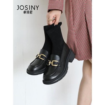 卓詩尼厚底高跟樂福鞋女2025冬季加絨新款小個子增高黑色襪靴子女