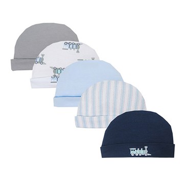 美國 Luvable Friends - 甜蜜寶貝100%純棉新生兒棉帽 保暖帽5件組-條紋火車 (0-6M)