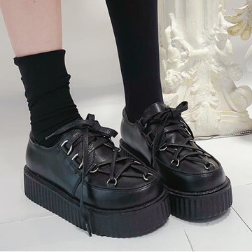 SHIGUANG古早風英式中性黑色小皮鞋六芒星情侶低跟松糕鞋平底鞋子