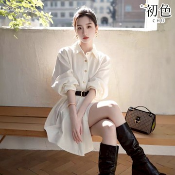 初色 小香風純色簡約氣質百搭翻領長袖連衣裙連身洋裝長洋裝-白色-11254(M-XL可選)
