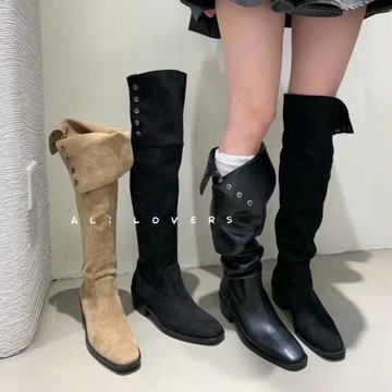 秋冬翻邊絨面粗跟方頭高筒長靴子女不過膝兩穿長筒瘦瘦堆堆騎士靴