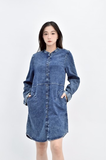 (S) 丹寧牛仔棉質長袖藍色洋裝