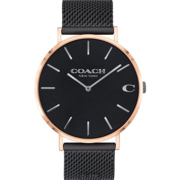 COACH手錶，編號CH00077，42mm玫瑰金圓形精鋼錶殼，黑色簡約， 中二針顯示錶面，深黑色米蘭錶帶款_廠商直送
