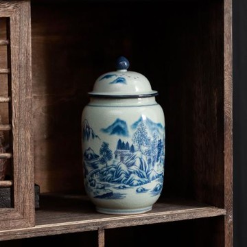 陶瓷茶葉罐山水畫水墨風哥窯開片小中大號茶罐存儲罐密封罐家用