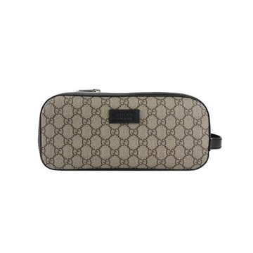 GUCCI GG Supreme 帆布及皮革雙拉鍊手拿包/洗漱包(米色/黑色)