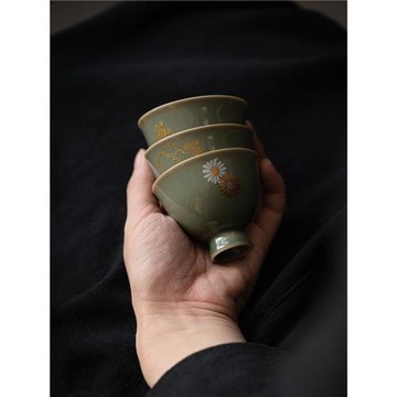 復古風龍泉青瓷仿宋高足品茶杯 越窯小雛菊燙金品茗杯 寬口大茶杯