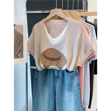 v領假兩件提花針織衫女2025夏裝新款寬松慵懶風上衣薄短袖t恤衫潮