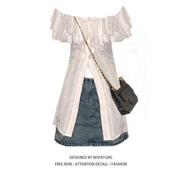 微胖女生設計感顯瘦一字肩短袖襯衫女夏季新款收腰顯瘦甜辣風上衣