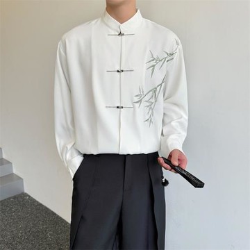 夏季新中式翠竹繡花國風襯衫男長袖設計感休閑垂感痞帥襯衣發型師