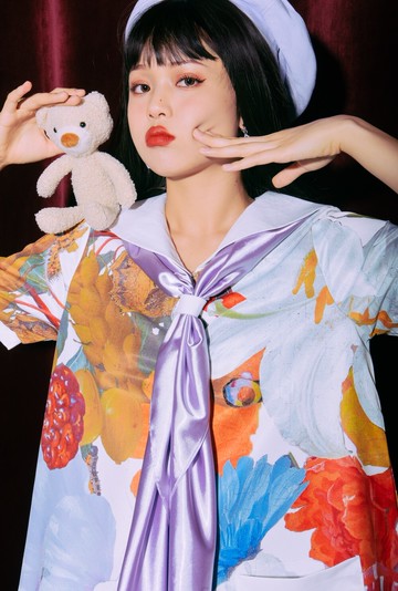 花紋印花水手服領巾撞色短袖連衣裙復古洛麗塔