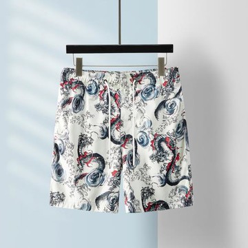 ZKEAZS龍印花圖案中國風短褲男寬松大碼五分褲松緊系帶復古沙灘褲