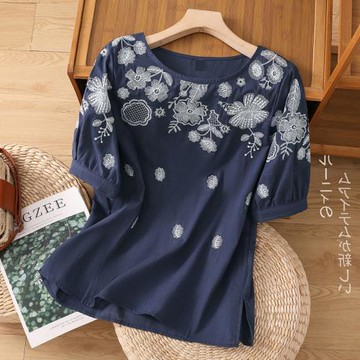 苧麻女裝品牌高端棉麻亞麻上衣文藝復古刺繡夏季薄款短袖t恤大碼