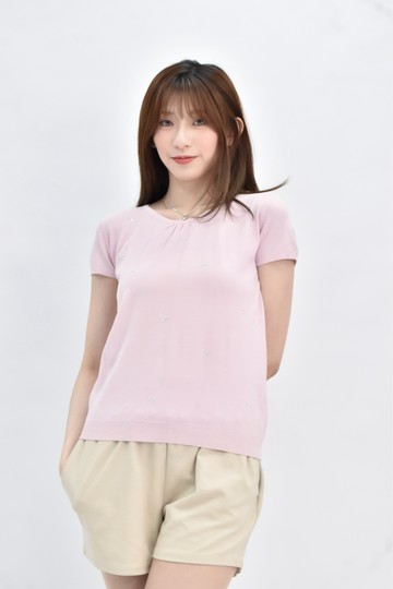 (S) tms fashion 粉色棉質蝴蝶結短袖上衣