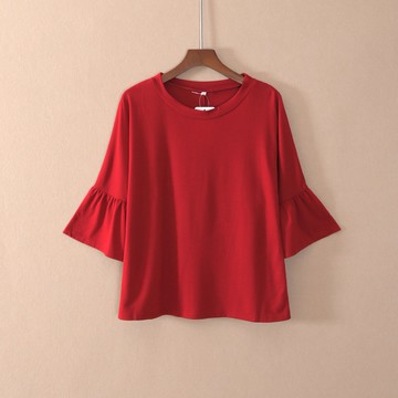 女荷葉袖七分袖寬松圓領喇叭袖純色青春T恤衫