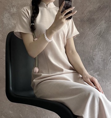 馬卡龍色系 / 新中式復古旗袍連身裙 / 格紋