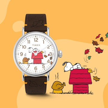 【TIMEX】天美時 x Peanuts 40 毫米 史努比感恩節 皮革腕錶(棕 TXTW2W44300)