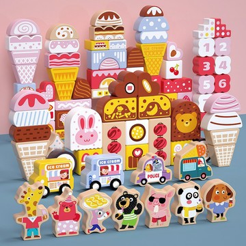 現貨〔木製積木E1G】116顆粒冰淇淋商店 積木家家酒 ♥ 動物車子甜品店 益智拼裝過家家 生日禮物 親子互動