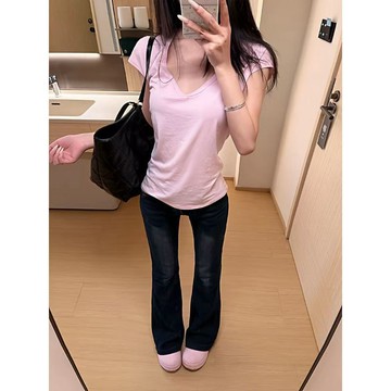 🌈ATC✨純欲風短袖 基礎V領修身小飛袖短袖T恤女純色簡約百搭純欲感辣妹性感低領上衣