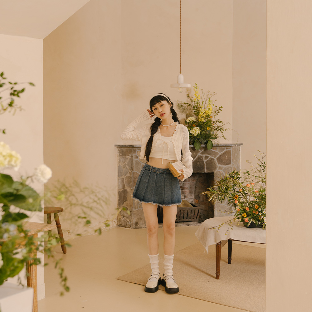 柏心聯名 抽鬚百褶牛仔短裙-藍 S/M/L