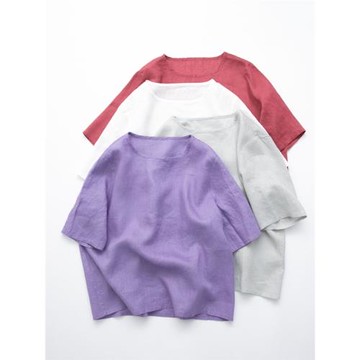 好品質輕薄骨感純亞麻 寬松短袖白T恤 休閑百搭女夏季罩衫23005