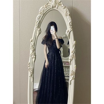 蝴蝶夫人新款黑色宴會主持人氣質名媛高級輕奢藝考一字肩晚禮服裙