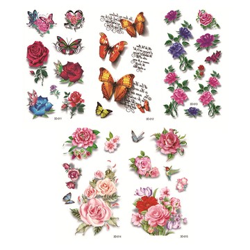 彩色蝴蝶玫瑰紋身貼紙5件組  03  1組