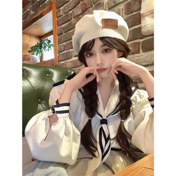 桃六醬 新款日系jk制服水手服海軍風蝴蝶結收腰泡泡袖連衣裙