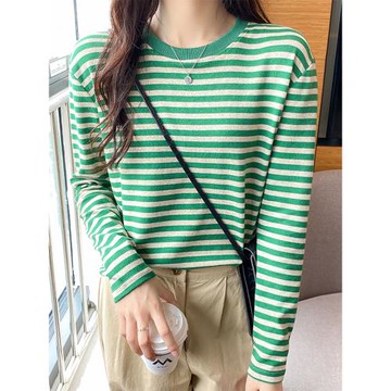 日系小清新條紋長袖T恤女2025秋季寬松顯瘦設計感小眾減齡上衣潮