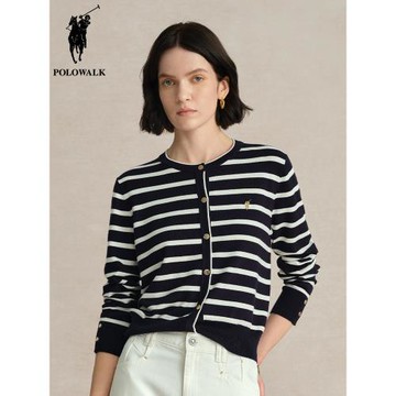 POLOWALK女士圓領條紋針織開衫韓版保羅秋冬新款休閑打底毛衣外套