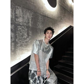 楊一帆潮牌短袖T恤男款2025夏季新款街頭拼皮撞色純棉寬松體恤