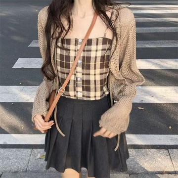 鹽甜系套裝女純欲風辣妹短款針織衫開衫格子背心吊帶百褶裙三件套