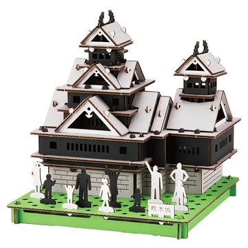 Hacomo PUSU 3D系列 熊本城紙模型 免膠水療癒系DIY拼圖 精緻模型擺飾  1個  熊本城 黑色 + 白色 + 綠色  120片