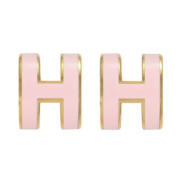 HERMES MINI POPH 經典H LOGO橢圓銀飾耳環.金/糖果粉