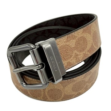 COACH 男款C LOGO雙面用寬版皮帶(焦糖/黑灰)