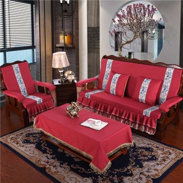 坐墊新中式喜慶裙擺保暖防滑棉麻加厚海綿墊紅木沙發坐墊靠背一體