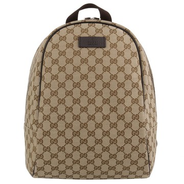 【GUCCI】經典緹花布皮革邊手提後背包(卡其咖)