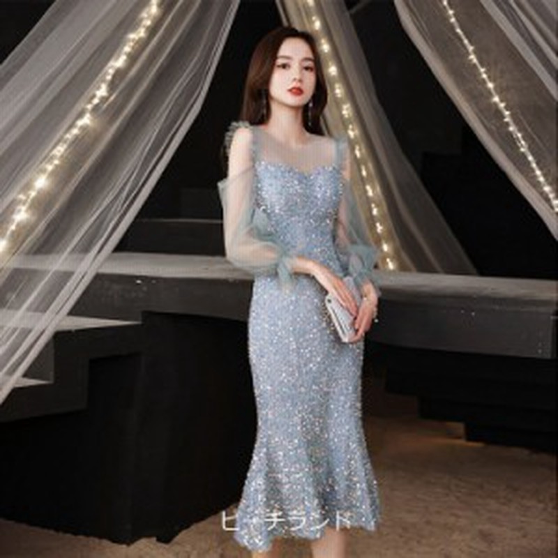 結婚式ドレス ブルー 水色 マーメイドドレス オフショルダー 肩出し スパンコール キラキラドレス 二次会ドレス お呼ばれドレス 長袖 チ 通販 Lineポイント最大7 0 Get Lineショッピング