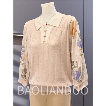 洋氣媽媽春秋紗袖T恤中年女裝新款翻領上衣中老年薄款針織打底衫