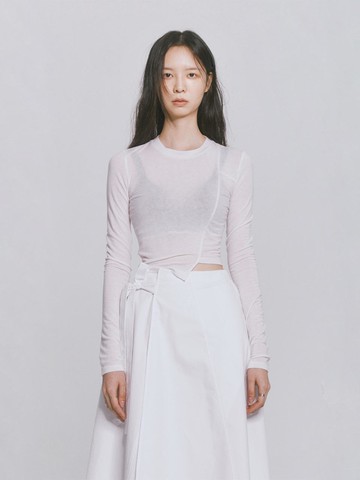 Long Sleeve Block Cutting Asymmetrical T-shirt [Beige]