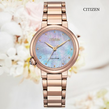 CITIZEN 星辰 L系列 光動能不鏽鋼白蝶貝真鑽淑女腕錶-玫瑰金30mm (EM0917-81Y)
