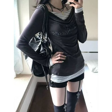 ✨MY女裝 美式辣妹假兩件條紋拚接蕩領長袖T恤女早秋時尚複古字母印花上衣  長袖t恤 顯瘦衣服 春秋穿搭 罩衫