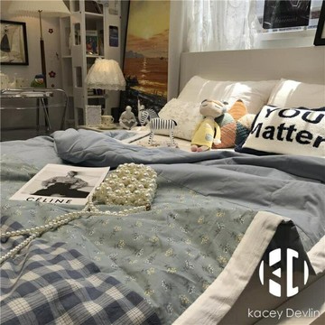 水洗棉日式格子碎花裸睡夏季簡約單雙人夏涼被拼色薄被空調被【聚物優品】