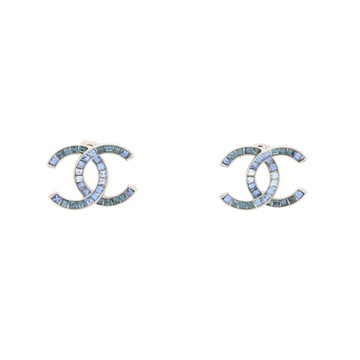 CHANEL 香奈兒 銀色金屬 藍色水鑽 COCO pierced 耳環 【二手名牌BRAND OFF】